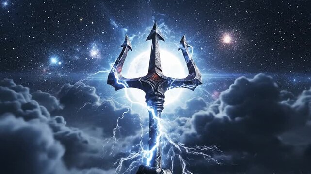 Dramatic trident symbol against stormy sky with lightning and clouds
