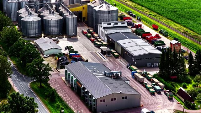Aerial view of a busy agricultural terminal with grain silos, warehouses, and trucks