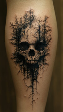 Intricate blackwork tattoo featuring realistic human skull merging with dark, sprawling tree branch patterns and gothic ink drips on person's leg, artistic horror aesthetic