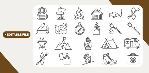 Fototapeta premium Minimal camping icon set - Editable stroke 