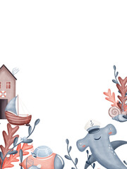 Frame of sea houses, boat, submarine, shells and fish. Watercolor illustration animal in nautical children's style, hand-drawn templates, sketch sea isolated background for design cards holiday © Evgeniia