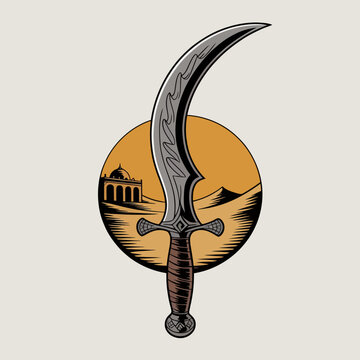 Ancient curved sword with handle.