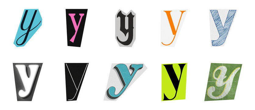 Collection of unique magazine cutout lowercase letter y characters isolated on transparent background