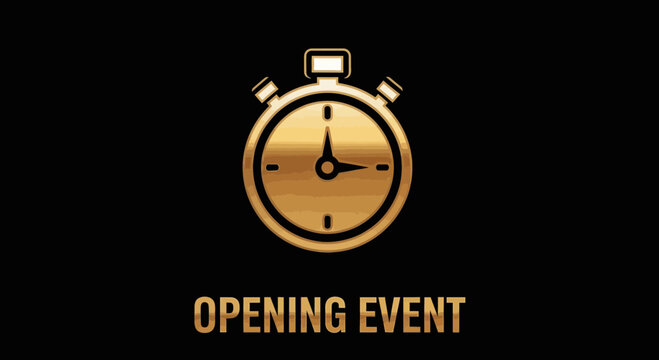 Golden Stopwatch Announcing an Opening Event Against a Black Background