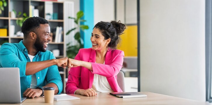 Generative AI, cheerful colleagues fist bumping at desk celebrating success