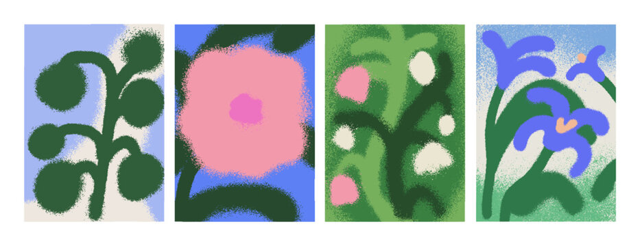 Blur flower posters set. Floral backgrounds, modern textures with noise, grain effect. Botanical and nature card designs with blurry hazy grainy soft abstract plants. Flat vector illustrations
