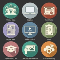 Elearning icons on colored circles. © semurraja