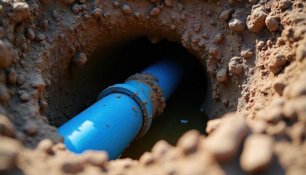 Blue pipe exposed in dirt hole, water visible, plumbing issue. Underground utility line needing repair or inspection. Sewerage problem context, maintenance task.