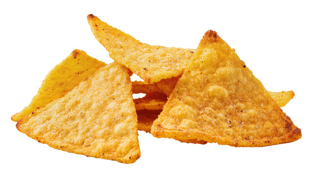 Golden corn tortilla chips stacked and scattered