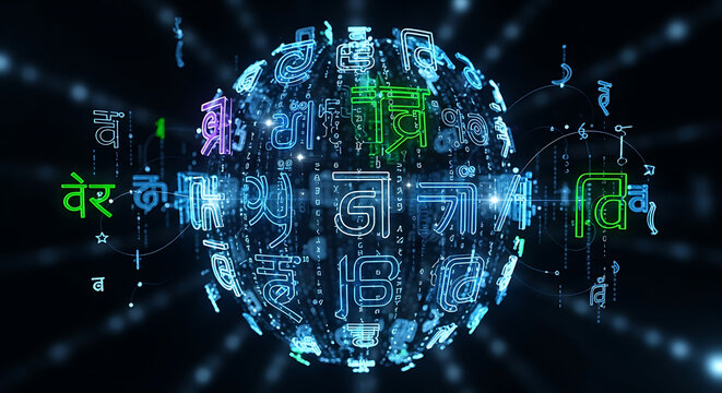 Digital globe with interconnected network symbols and binary code overlay.