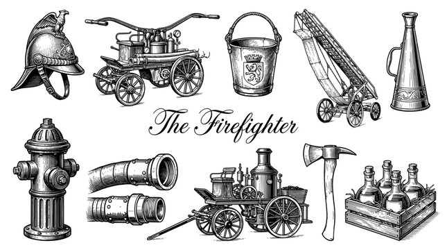Vintage Firefighting Equipment Collection: Hand-Drawn Engraving Style Vector Illustrations of Antique Firefighter Tools, Hydrant, Steam Engine, Helmet, and Axe