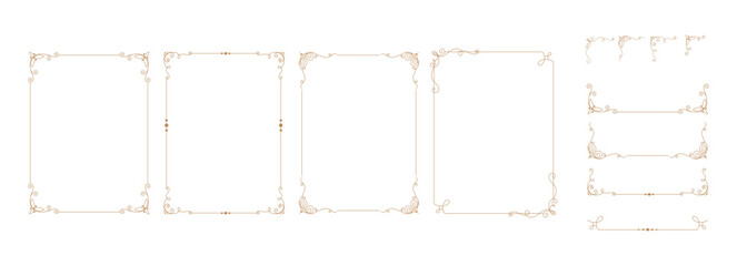 Set of elegant decorative frames with vintage ornamental corners and delicate line art details in minimal style for wedding invitations,certificates, greeting cards,menus, packaging, templates. Vector © Ilonka eva