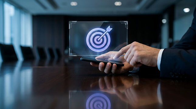 Close up of businessman's hands holding a smartphone with a glowing purple target and arrow hologram overlay symbolizing goal achievement and digital strategy in a modern