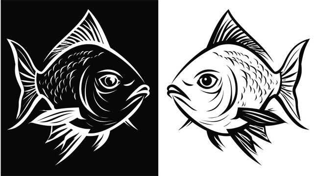 Fish icon illustration with black and white silhouette designs