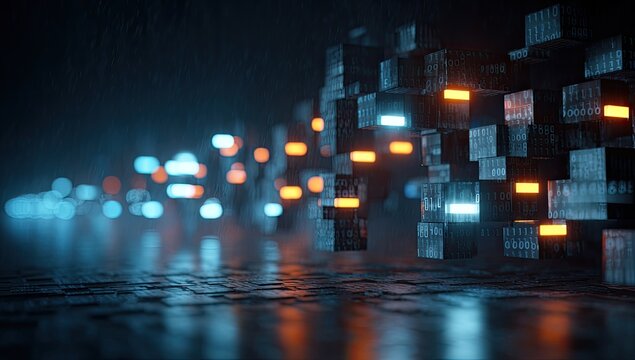 Abstract digital data stream of glowing cubes in a dark, reflective environment