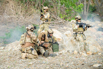 Fototapeta premium Military training drill with special forces outdoor terrain action scene combat readiness tactical strategy