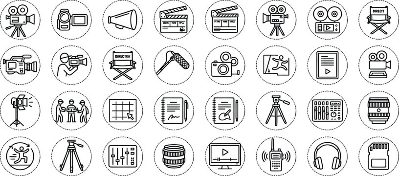 Black line vector icon set of movie camera and video production round badges featuring broadcasting filmmaking studio and cinema symbols