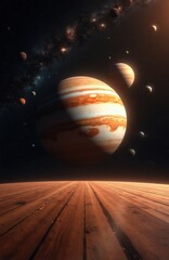 Obraz premium Giant Jupiter like planet looms in space. Many other celestial bodies and starry nebulae fill background. Wooden floor stretches into cosmos.
