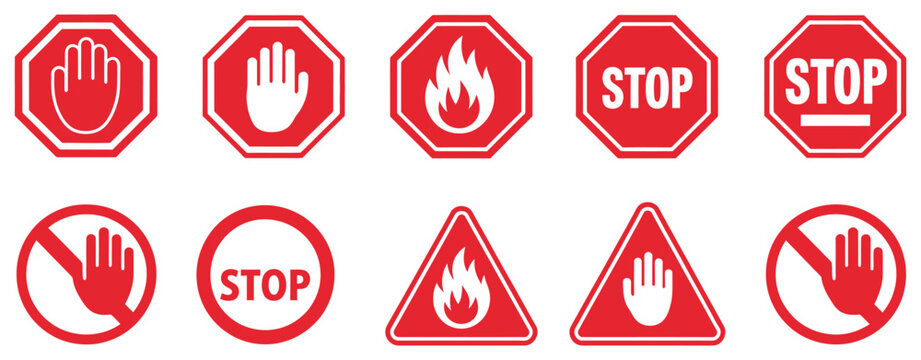 Stop and prohibition safety sign icon set featuring stop hand, no entry, warning triangle, and fire hazard symbols for safety and control systems. Vector illustration.