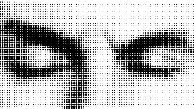 Close-ups show various eye expressions in black and white art. The focus is on details of the eyes and their unique shapes and forms