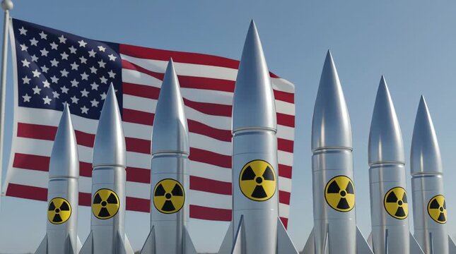 Nuclear missiles with radiation symbols stand before waving American flag in a tense political animation video scene.