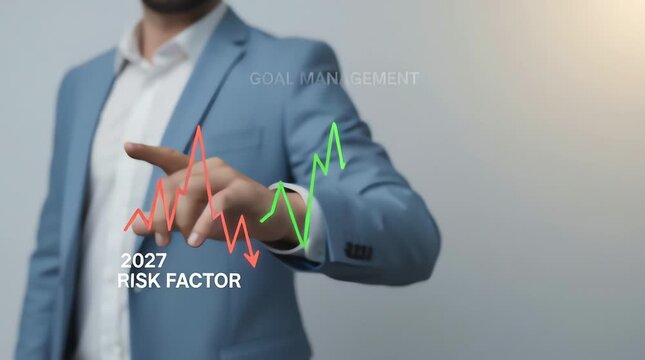 Businessman interacts with animated risk factor graph in video analysis for 2027 economic assessment