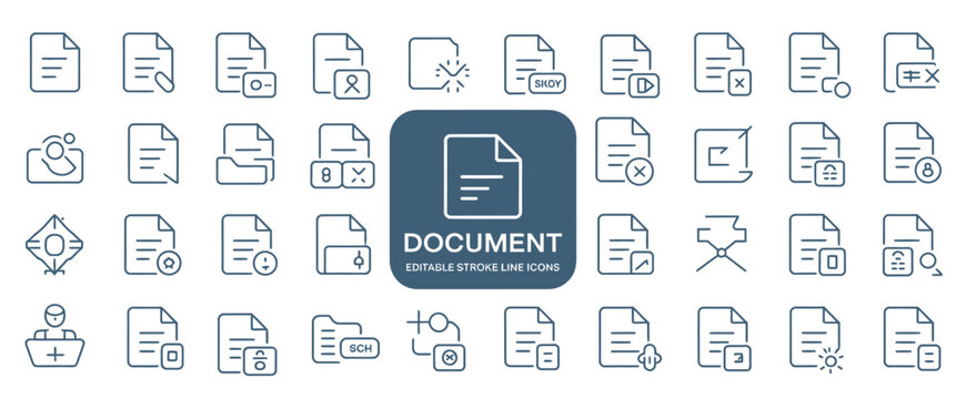 Comprehensive set of document file line icons for office and digital applications
