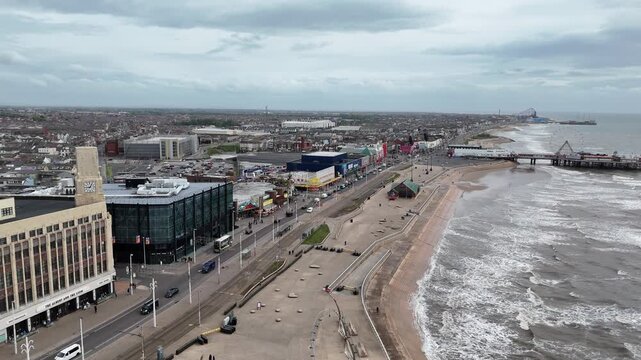 Quiet Golden Mile promenade in Blackpool drone aerial footage