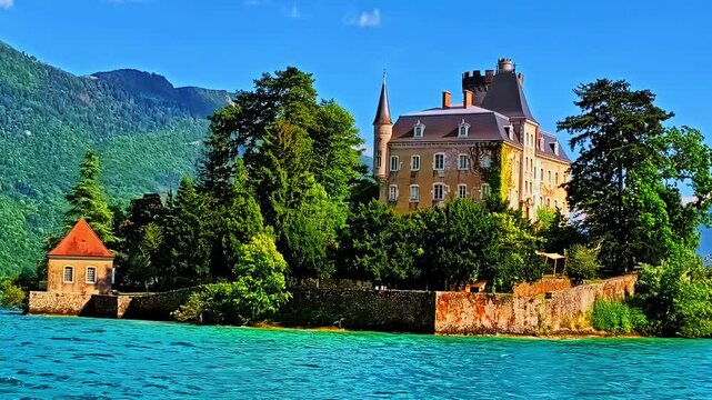 Annecy Lake in France, Dents de Lanfon mountains and medieval Roc de Chere castle