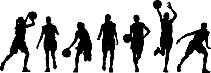 Female basketball players silhouette set collection with women athletes dribbling shooting running passing jumping and training on white background (Exactly © BIPUL