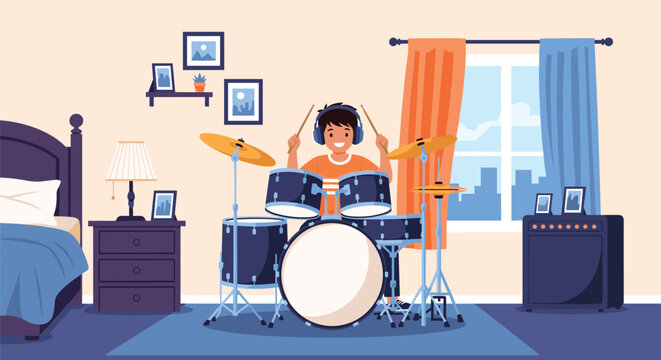 Young boy wearing headphones and playing a full drum set with enthusiasm in his bedroom decorated with posters and blue curtains.