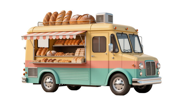 Retro bakery food truck with assorted breads and pastries