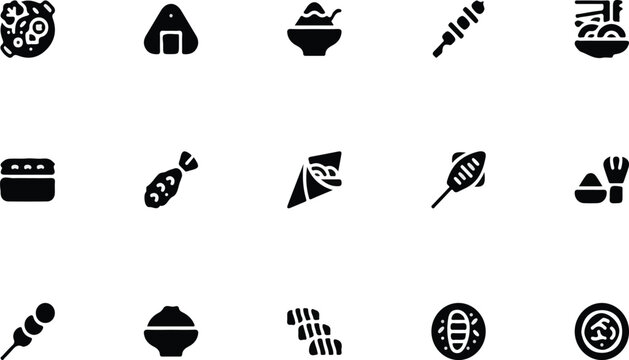 Asian cuisine, street food, and Japanese snacks vector icon set featuring flat glyph silhouettes of onigiri, rice bowls, skewers, and grilled fish