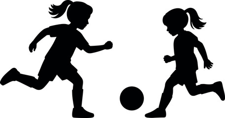 Silhouette of two young girls playing soccer training and running after a football isolated on a clean white background. © BIPUL