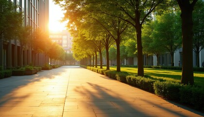 Obraz premium Sun shines on pathway beside modern office buildings. Row of green trees lines grass lawn. Sunlight casts long shadows on paved walkway outdoors. Warm golden hour light.
