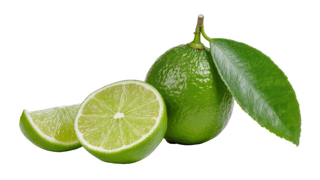 Whole lime with leaf and two slices