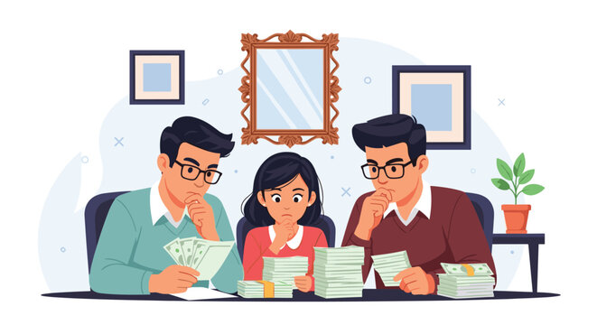 Two men and a young girl sitting at a table with serious expressions while counting large stacks of cash and financial documents in a room.