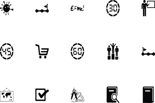 Mixed miscellaneous vector icon set featuring flat glyph silhouettes of an E=mc2 physics equation, speed limit road signs, a shopping cart, and a competition winners podium