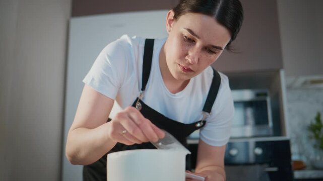 Young woman carefully decorates cake with spatula. She focuses intently on perfect design. Kitchen background suggests home baking or celebration. Ideal for recipe videos, bakery promotions