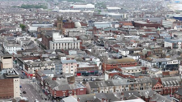 Blackpool Lancashire UK town centre Panning drone aerial long shot