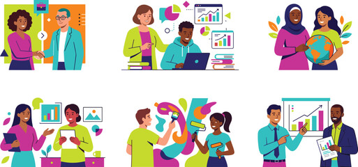 Diverse professional team collaborating on corporate business analytics project presentation creative wall mural painting and global education teamwork scenes isolated on white © EdGe Creative