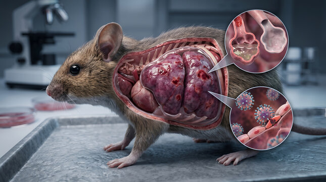 Laboratory mouse with exposed internal organs and zoomed pathology views for medical research and scientific educational study.