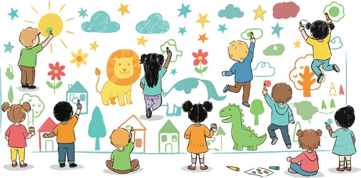 Hand drawn children drawing on wall vector, diverse group of kids creating mural art, playful childhood creativity and education illustration