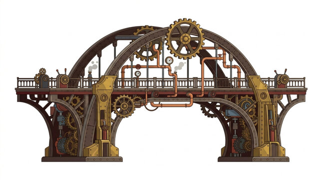 Intricate Steampunk Bridge Archway with Gears and Pipes.