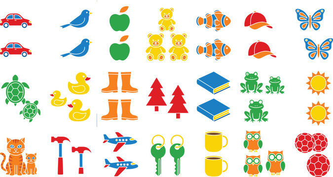 Vibrant flat vector illustration collection featuring pairs of cute cartoon animals insects toys nature objects transport and household items isolated on white background