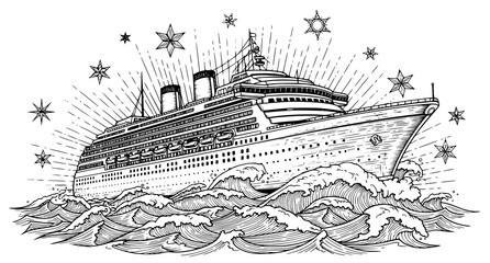 Vintage black and white cruise ship sketch with stars and waves vector illustration © Md