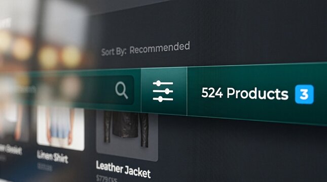 Modern e-commerce interface showcasing a comprehensive product search bar, interactive filtering options, and sorting functionality for an optimized online shopping experience on a dark mode screen
