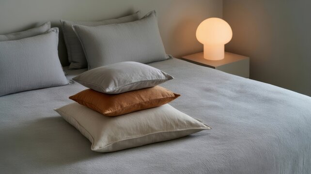 Cozy bedroom reading setup with book and warm bedside lamp on soft bedding
