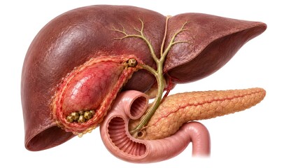 Obraz premium Acute calculous cholecystitis showing inflamed gallbladder with gallstone obstruction at the cystic duct, thickened gallbladder wall, pericholecystic edema, liver, bile ducts, pancreas and duodenum.