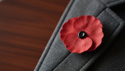 Close-up of a red remembrance poppy pinned on a grey wool suit uniform lapel, symbolizing respect, memory, and honor for Veterans Day and Remembrance Day concept